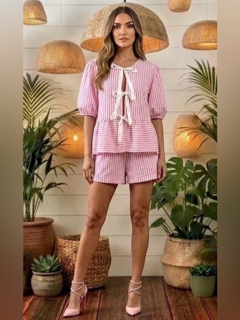Pink & White Striped 2 Piece Shorts Set
